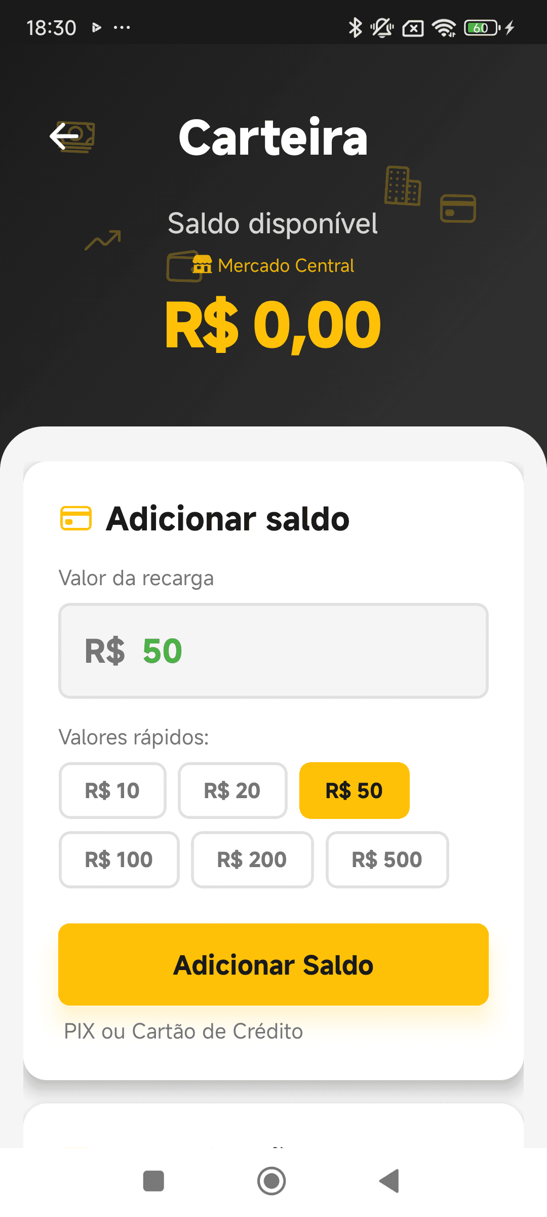 Carteira digital do aplicativo Shopway