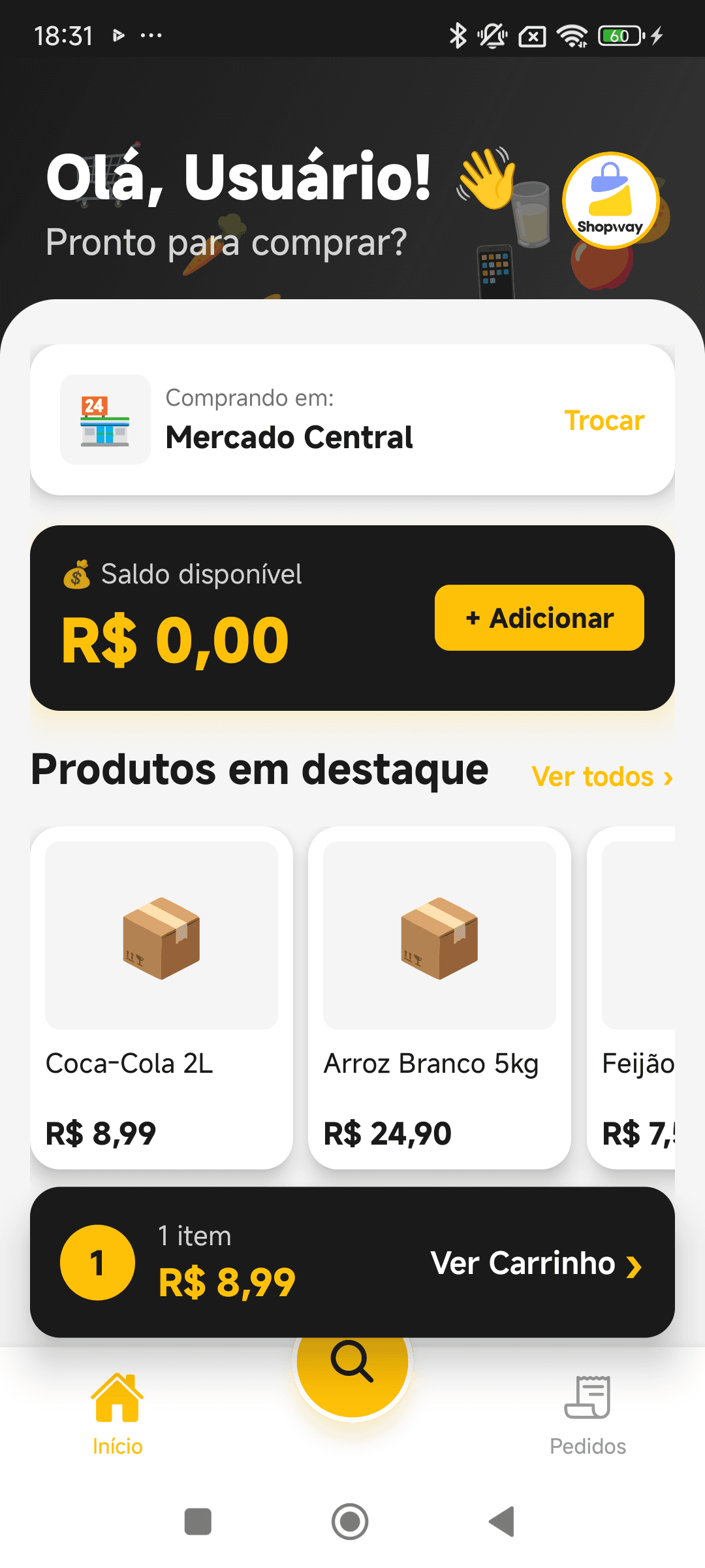 Tela inicial do aplicativo white-label Shopway