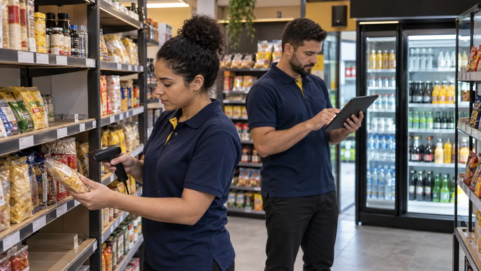 Equipe realizando inventário com leitor de código de barras e tablet em minimercado