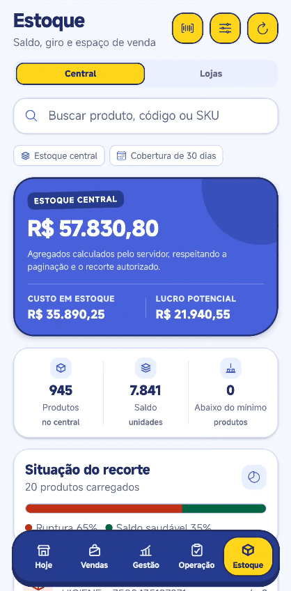 Aplicativo Shopway com estoque central